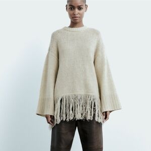 Zara boho cream large Knitted Round Neck fringe 100% Lana wool (high-quality, pu